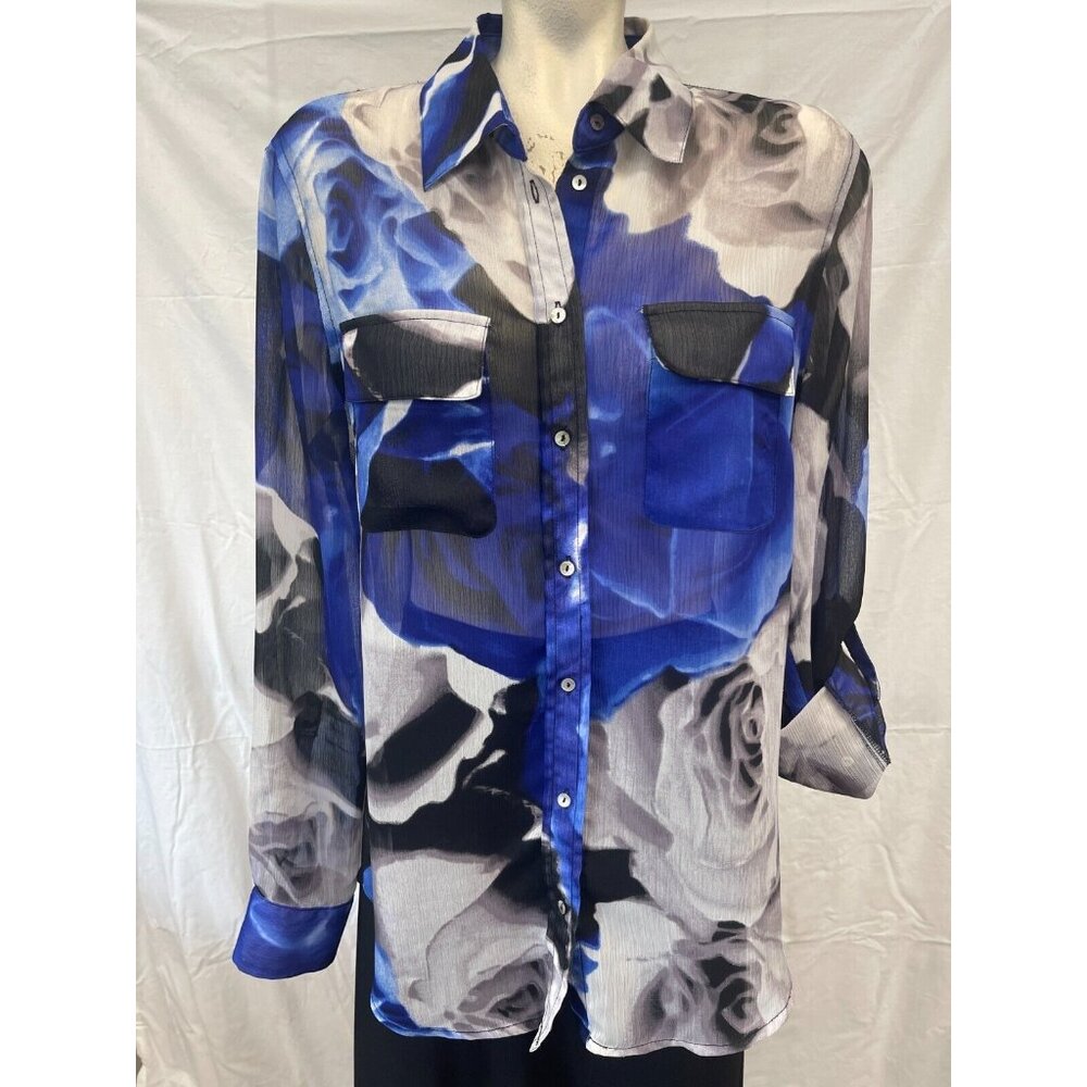 Fever Womens Floral Fairly Sheer Button Front Shirt‎ L Long Sleeve Pockets
